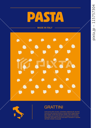 Italian macaroni types, labels for packages set. Grattini pasta. Organic and natural product, gourmet ingredient for cooking dishes. Handmade and tasty. Vector in flat style 115757304