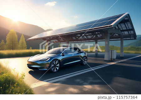 Electric car is charged from a charging station that takes energy from solar panels. 115757364