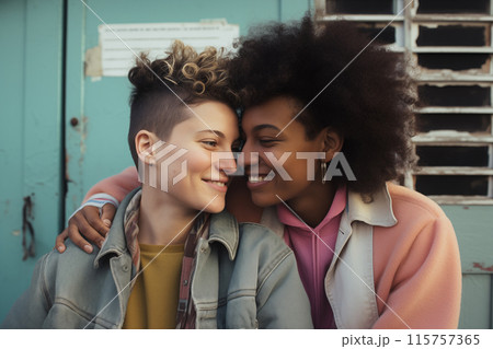 Multiracial LGBT couple in a loving embrace. The beauty of diverse love and highlighting unity within the LGBTQ community 115757365