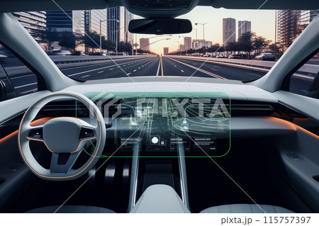 Autonomous self-driving futuristic car without driver. First-person view.. Autonomous self-driving futuristic car without driver. First-person view.. 115757397