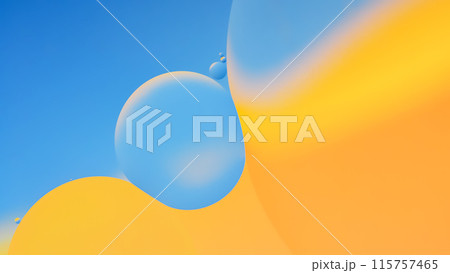 Top view of macro abstract photography of oil droplet on gradient blue and yellow background for use as background, illustration or copy space 115757465