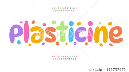 Playful plasticine alphabet vibrant round letters for kids education. Joyful clay font for cheerful modern logo, creative typography, colorful handmade, school art. Vector typeset 115757472