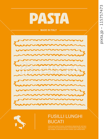 Italian macaroni types, labels for packages set. Fussili lunghi bucati pasta. Organic and natural product, gourmet ingredient for cooking dishes. Handmade and tasty. Vector in flat style 115757473