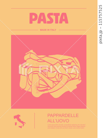 Italian macaroni types, labels for packages set. Pappardelle all'uovo pasta. Organic and natural product, gourmet ingredient for cooking dishes. Handmade and tasty. Vector in flat style 115757525