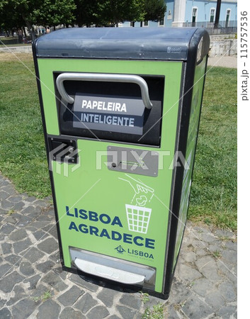 Smart waste bin, Lisbon, Portugal. Papeleira inteligente, Portuguese for smart waste bin, waste container for paper 115757536