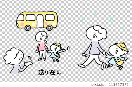 Grandmother taking her grandchild to and from kindergarten 115757572