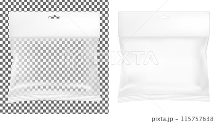 Transparent empty plastic packaging. Blank sachet with hang slot 115757638