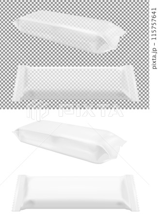 Transparent blank foil food snack pack for chips, candy and other products. Wet wipes packaging. Transparent blank foil food snack pack for chips, candy and other products. Wet wipes packaging. 115757641
