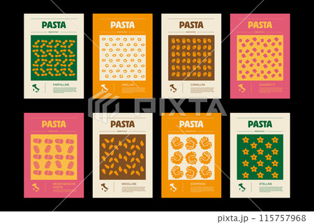 Italian macaroni types, labels for packages set. Farfalline, anellini, corallini, quadretti, mezze maniche rigate, midolline, sorprese, stelline pasta. Organic and natural product 115757968