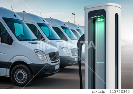 Electric delivery vans with electric vehicles charging station. 115758346