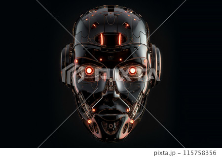 Black robot face on a black background. Artificial intelligence threat concept. 115758356