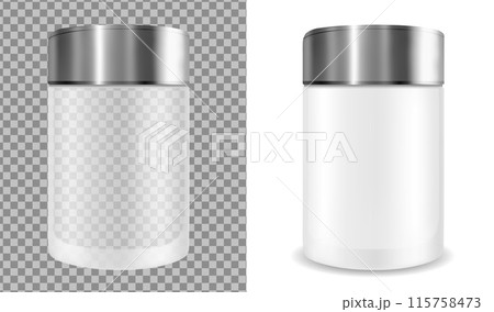 Plastic transparent jar with black cap. Packaging for cosmetics Plastic transparent jar with black cap. Packaging for cosmetics 115758473