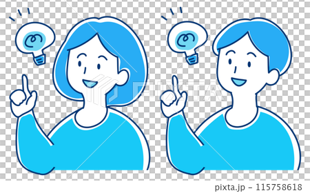 ひらめいて指をさす人 男性と女性のイラスト ひらめいて指をさす人 男性と女性のイラスト 115758618