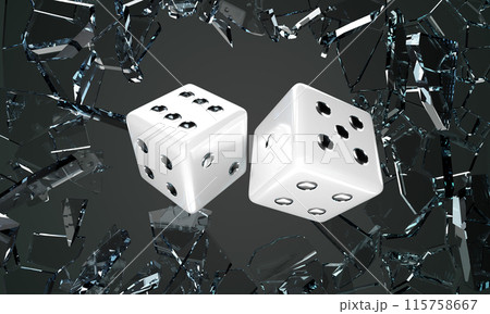 Casino game dice with flying broken glass shards on abstract black background. Backgammon lucky roll of white cubes 3d render. Gambling, sports betting and risk concept, Vegas banner. 3D illustration 115758667
