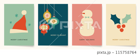 レトロモダン、シンプルな手描きイラストのクリスマスカードセット 115758764