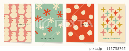 手描きイラストと紙の切り抜きシェイプを使ったレトロモダンなパターンのクリスマスカードセット 115758765