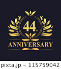 44th Anniversary Design, luxurious golden color 44 years Anniversary logo design celebration. 115759042