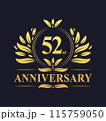 52nd Anniversary Design, luxurious golden color 52 years Anniversary logo design celebration. 115759050