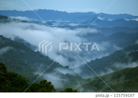 Misty clouds float above the mountains Misty clouds float above the mountains 115759107