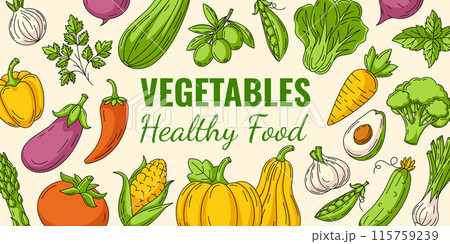 Vegetables background, vector colorful line veggies icons frame. Fresh and healthy farm products, organic, natural food. Horizontal banner, isolated background, space for text. For poster, menu, flyer Vegetables background, vector colorful line veggies icons frame. Fresh and healthy farm products, organic, natural food. Horizontal banner, isolated background, space for text. For poster, menu, flyer 115759239