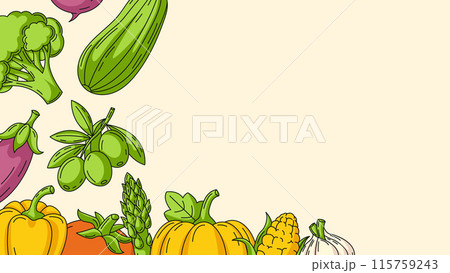 Fresh and healthy farm vegetables, vector horizontal banner with corner frame of colorful veggies icons. Copy space, isolated background. Organic, natural food. For poster, menu, flyer, card Fresh and healthy farm vegetables, vector horizontal banner with corner frame of colorful veggies icons. Copy space, isolated background. Organic, natural food. For poster, menu, flyer, card 115759243