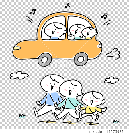 設定一家人帶著微笑外出、開車、度假的插圖 設定一家人帶著微笑外出、開車、度假的插圖 115759254