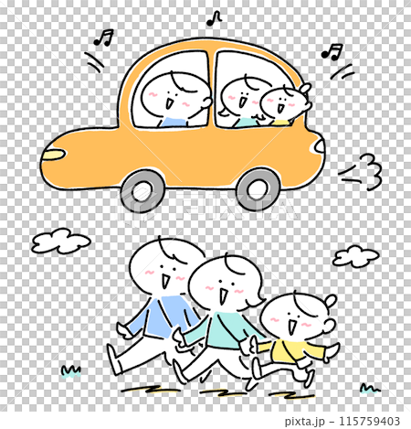 Set illustration of a family going out with a smile, driving, outing Set illustration of a family going out with a smile, driving, outing 115759403