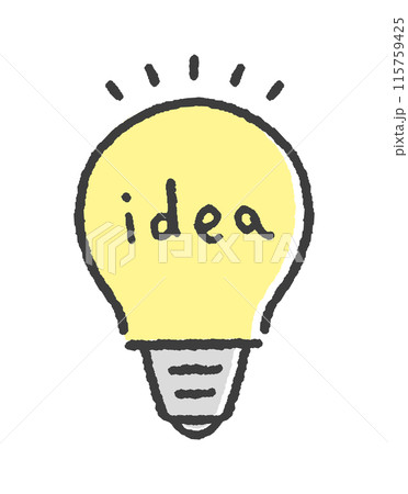 ideaの文字とピカッと光っている電球 - シンプルでかわいい手描きのアイデア・ひらめきのイメージ ideaの文字とピカッと光っている電球 - シンプルでかわいい手描きのアイデア・ひらめきのイメージ 115759425