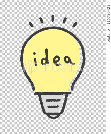 ideaの文字とピカッと光っている電球 - シンプルでかわいい手描きのアイデア・ひらめきのイメージ ideaの文字とピカッと光っている電球 - シンプルでかわいい手描きのアイデア・ひらめきのイメージ 115759425