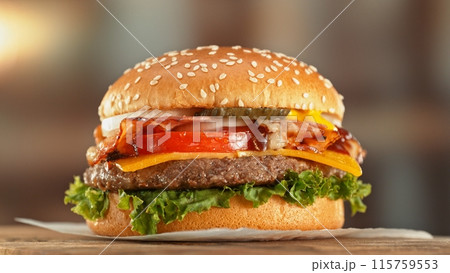 Delicious Hamburger Served on Wooden Table. Delicious Hamburger Served on Wooden Table. 115759553