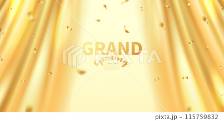 Design your opening card on an elegant gold curtain background. Beautiful business symbol style vector illustration. 115759832