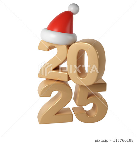 3d Happy New Year 2025 golden Numbers. Symbols cartoon render with red hat santa. Christmas decoration. Celebrate party Xmas Poster banner, cover card, brochure, flyer, layout design 115760199
