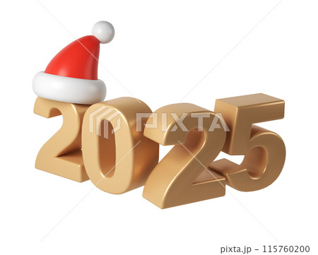 3d Happy New Year 2025 golden Numbers. Symbols cartoon render with red hat santa. Christmas decoration. Celebrate party Xmas Poster banner, cover card, brochure, flyer, layout design 115760200