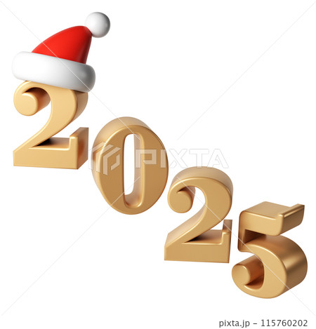3d Happy New Year 2025 golden Numbers. Symbols cartoon render with red hat santa. Christmas decoration. Celebrate party Xmas Poster banner, cover card, brochure, flyer, layout design 115760202