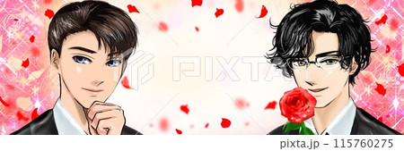黒髪の韓流俳優風イケメン執事たちと花吹雪背景 黒髪の韓流俳優風イケメン執事たちと花吹雪背景 115760275