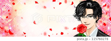 黒髪の韓流俳優風イケメン執事と花吹雪背景 黒髪の韓流俳優風イケメン執事と花吹雪背景 115760278