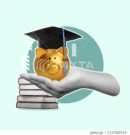 A human hand showing a piggy bank with a graduation hat and a stack of books A human hand showing a piggy bank with a graduation hat and a stack of books 115760534