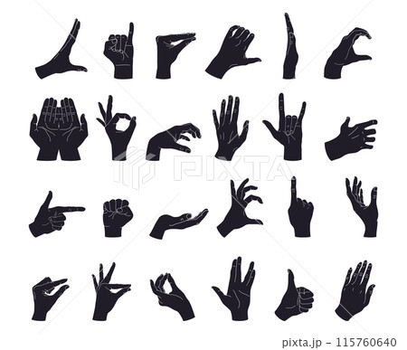 Set of different hand gestures silhouettes. Gesturing like okay sign, thumb up, pointing finger, making heart, holding hands. Vector illustration Set of different hand gestures silhouettes. Gesturing like okay sign, thumb up, pointing finger, making heart, holding hands. Vector illustration 115760640