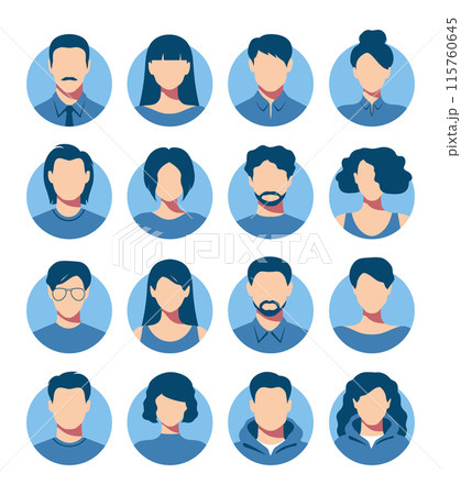 Abstract female and male faceless portraits, avatars or anonymous profiles. Set of colored woman and man abstract face icons. Vector illustration 115760645