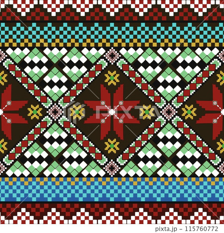 This ethic fabric pattern blends floral motifs with a geotactic style, featuring red and green tones ethnic . The design presents dimensional images with a variety of patterns ethnic and hues, making This ethic fabric pattern blends floral motifs with a geotactic style, featuring red and green tones ethnic . The design presents dimensional images with a variety of patterns ethnic and hues, making 115760772