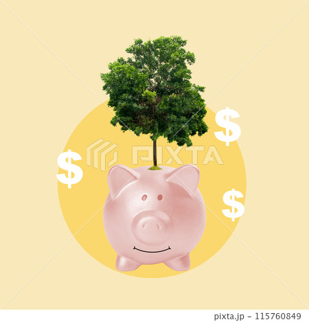 Pink piggy bank with a tree growing out of it symbolizing investment 115760849