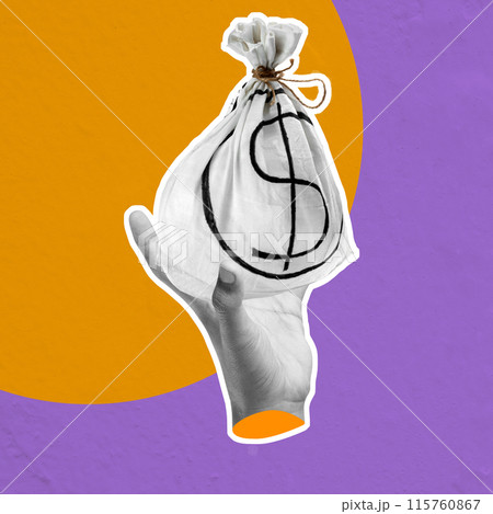 A human hand shows a money bag with a dollar sign A human hand shows a money bag with a dollar sign 115760867