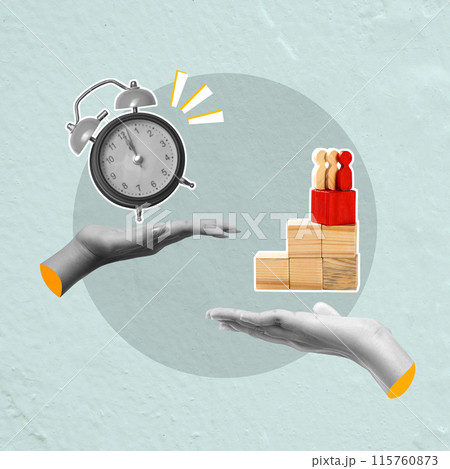 A human hand shows an alarm clock and a group of human figures on a wooden cube stack 115760873