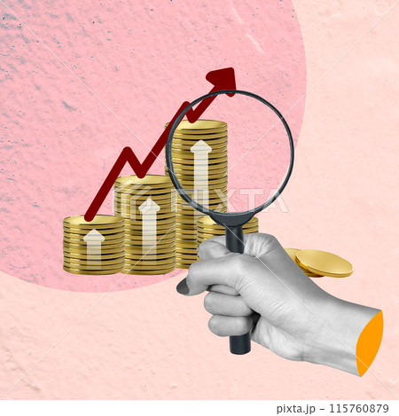 A human hand with a magnifying glass looking at a golden stack of coins with an increased graph arrow A human hand with a magnifying glass looking at a golden stack of coins with an increased graph arrow 115760879