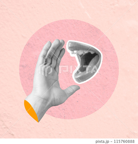 Hand showing stop sign to screaming mouth on pink background Hand showing stop sign to screaming mouth on pink background 115760888