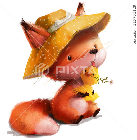 cute cartoon fox with a little duckling 115761129