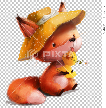 cute cartoon fox with a little duckling 115761129