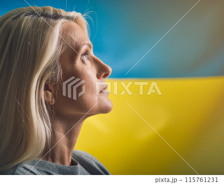 Patriotic Portrait with Ukrainian Flag Background 115761231