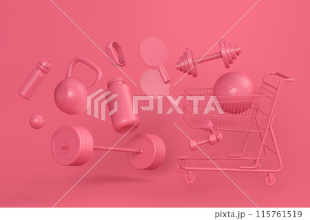 Sport equipment for fitness, gym in shopping cart on monochrome Sport equipment for fitness, gym in shopping cart on monochrome 115761519