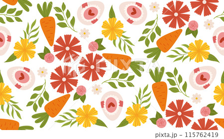 Seamless spring pattern with flowers, carrots, and eggs packaging, and festive decorations. 115762419